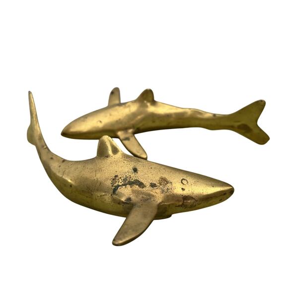 Vtg Mid Century Solid Brass Set 2 Sharks Paperweight Nautical Coastal Approx 8” - Picture 2 of 14